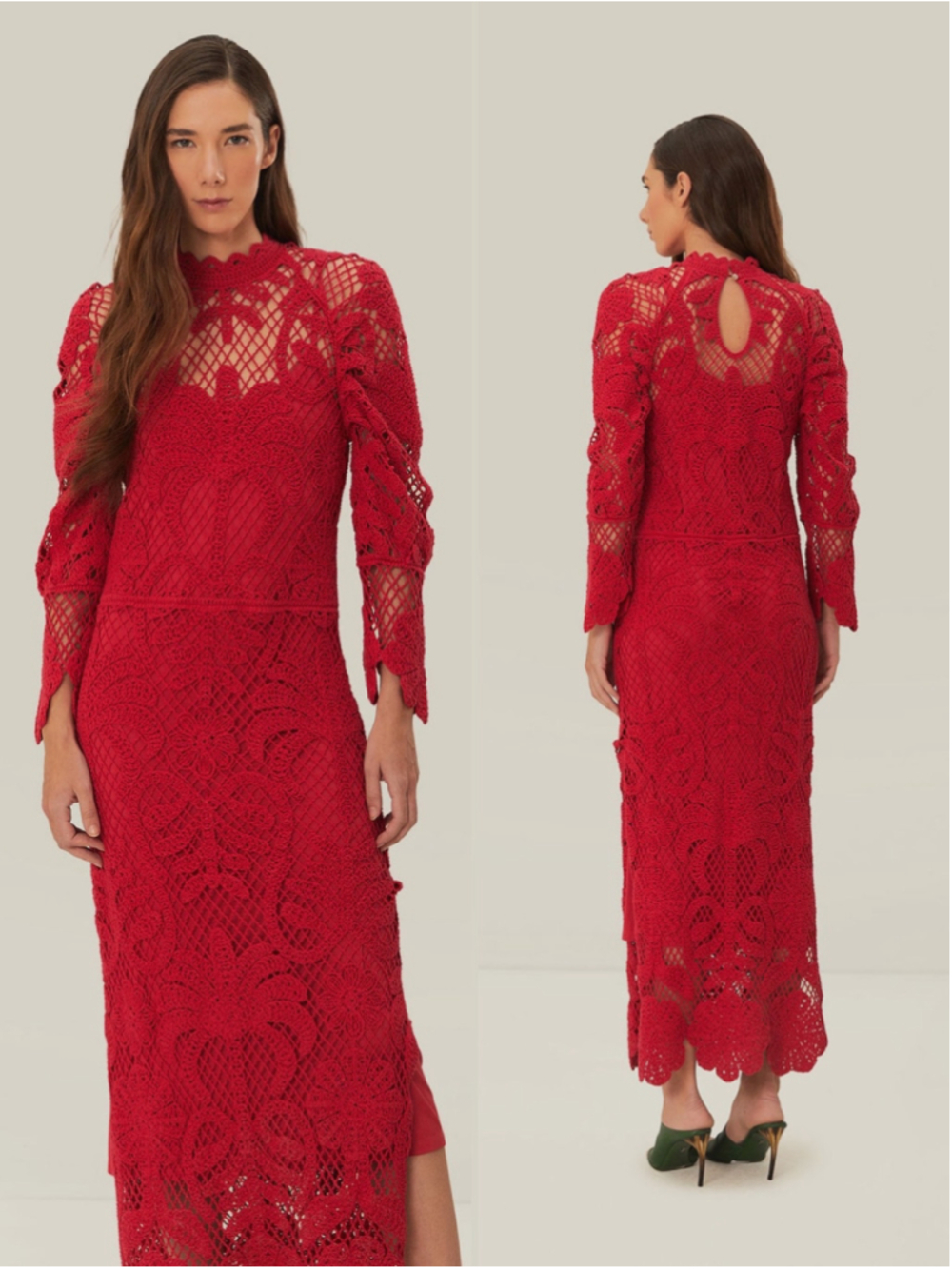 NWT Farm Rio Haras Red Lace Crochet Maxi Dress Mock Neck Long Sleeve Size M